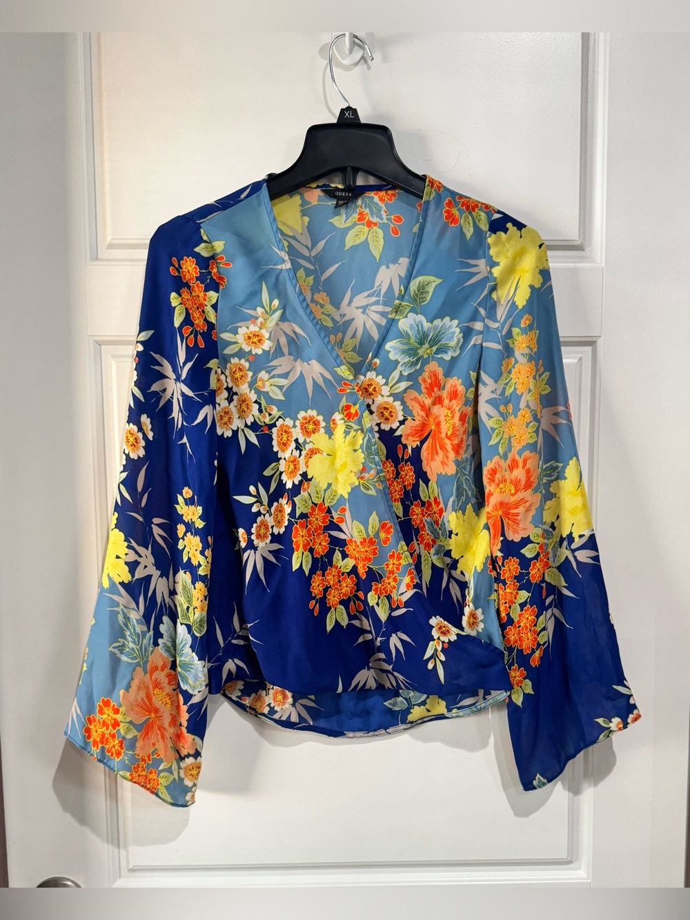 Guess Blue Floral Wrap Blouse with Yellow and Orange Blooms